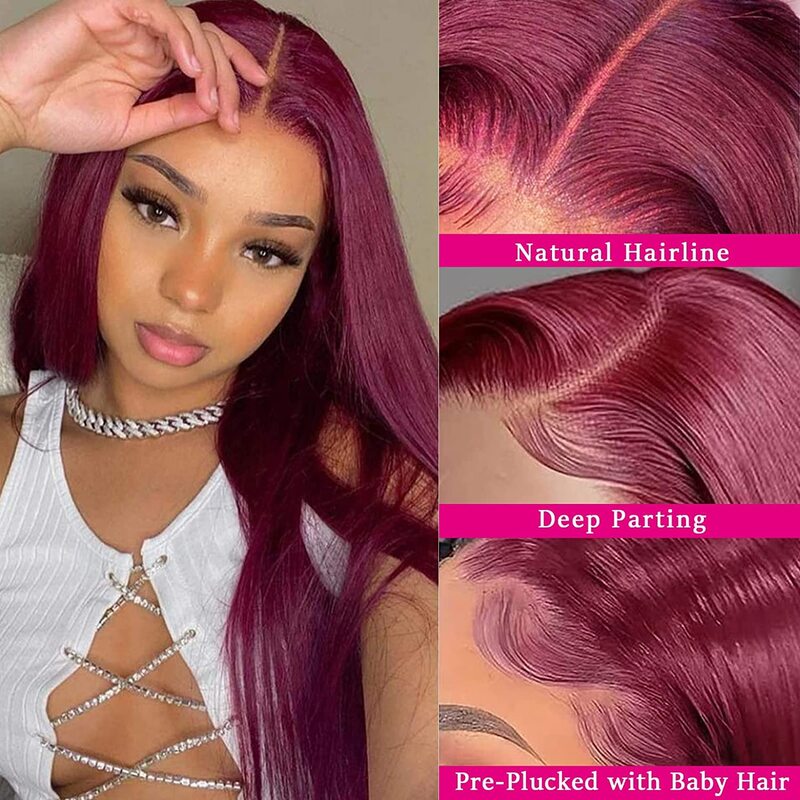 99J бордовые кружевные передние парики предварительно собранные человеческие волосы Hairline безклеевые 13 × 4 HD прозрачные парики для женщин винно-красный цветной парик