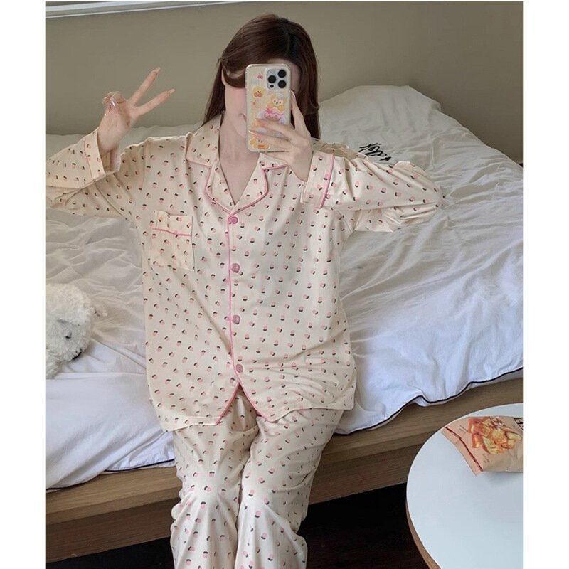 Women Pajamas Sets Spring Summer Autumn 2 Piece Print Pyjama Pants Sleepwear Long Sleeve Buttons Pijama Mujer Pjs Homewear