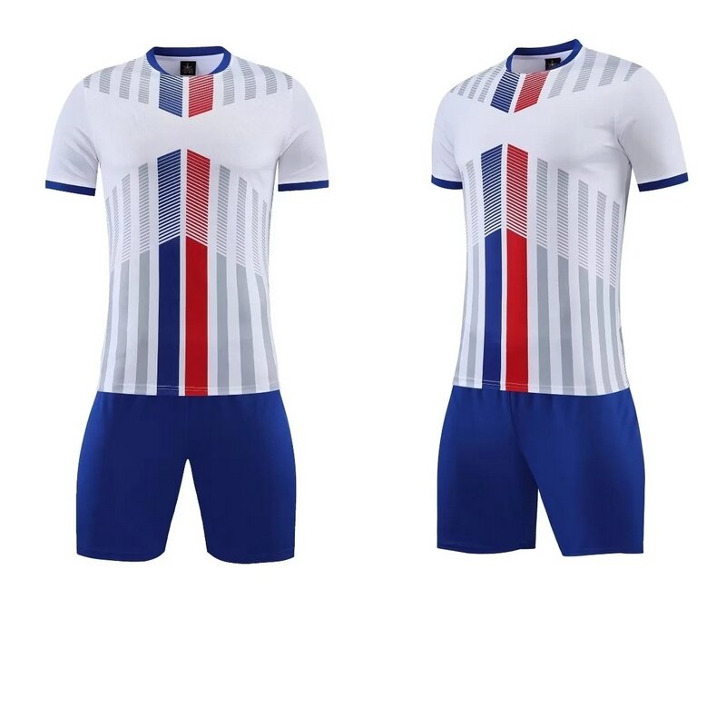 Ropa de fútbol de marca de verano, camiseta de manga corta personalizada, conjunto de pantalones cortos, modelo 2203, azul, rojo y blanco, 23-24