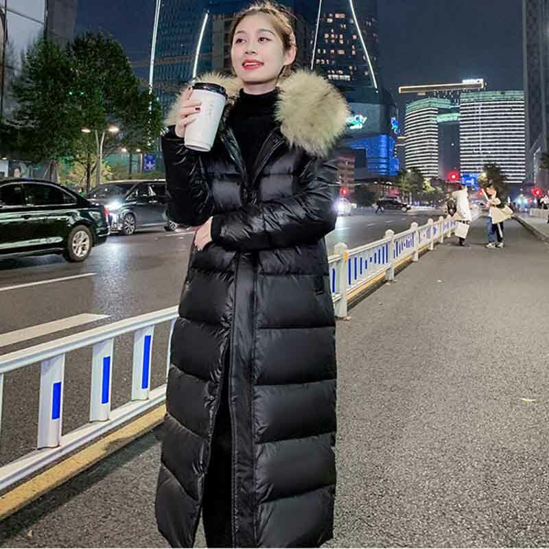 Black Temperament Long White Duck Down  Foat Female Tide Ins2022 Winter New Hooded Loose Slimming Tooling Warm Coat Female