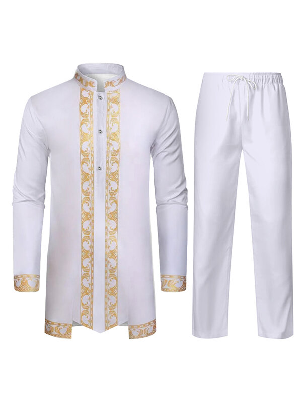 Vestido musulmán tradicional para hombres árabes, pantalones de manga larga, estampado de patrón 3D, negro, blanco, amarillo, azul marino