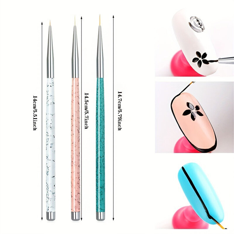 3pcs/Set Professional Nylon Nail Art Liner Brush UV Gel Dotting Painting Drawing Pen With Marble Pattern Handle DIY Tools