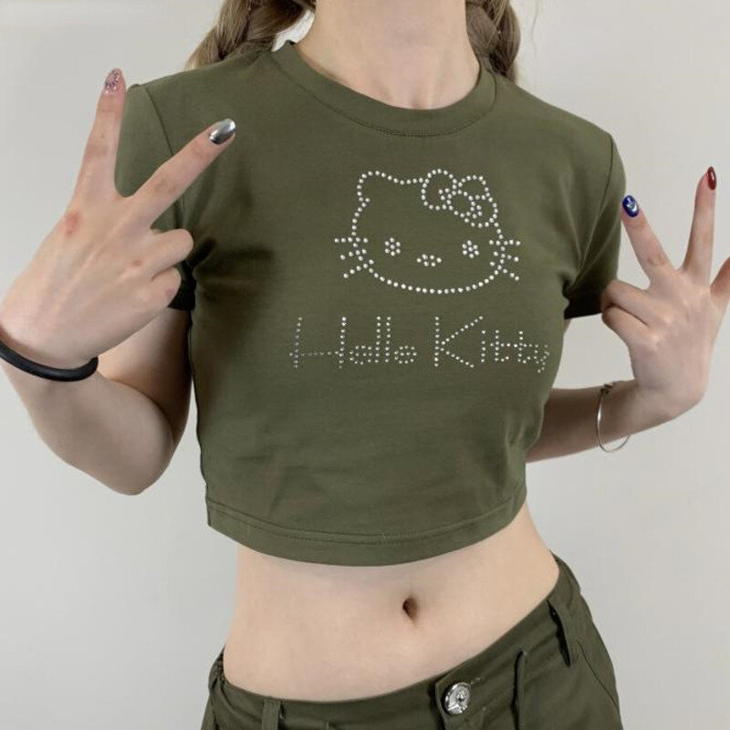 Sanrio Hello Kitty Rhinestone Cute Short Sleeve T-shirt For Women Y2k Summer Slim Pink Crop Tops Sweet Girl T-shirt Short Tees
