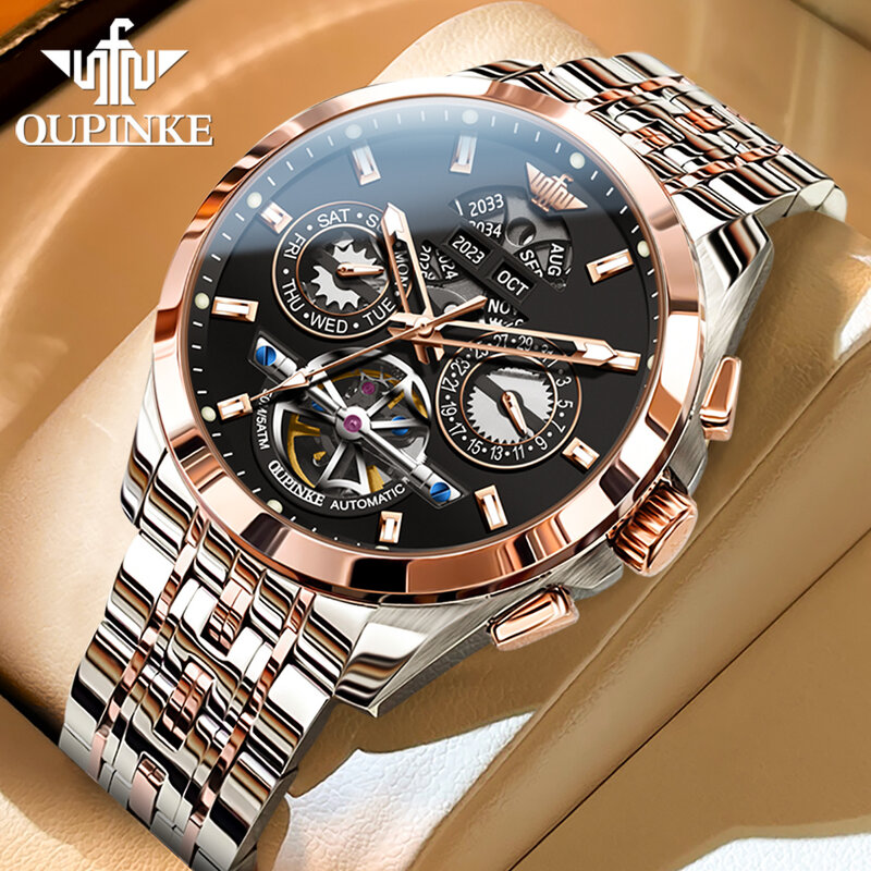 OUPINKE-Relógio impermeável automático masculino, relógio de pulso multifuncional, pulseira de aço inoxidável, marca de luxo original superior
