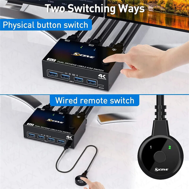 KVM Switch USB 3.0 DP HDMI-Compatible 4K 60Hz Computer Share Dual Monitor Displayport Switcher Selector Keyboard Mouse for HDMI