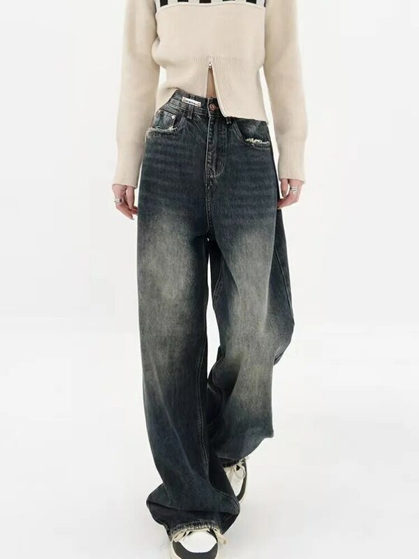 Женские свободные широкие джинсы в стиле Харадзюку, осенне-зимние уличные модные прямые свободные джинсовые брюки в стиле ретро