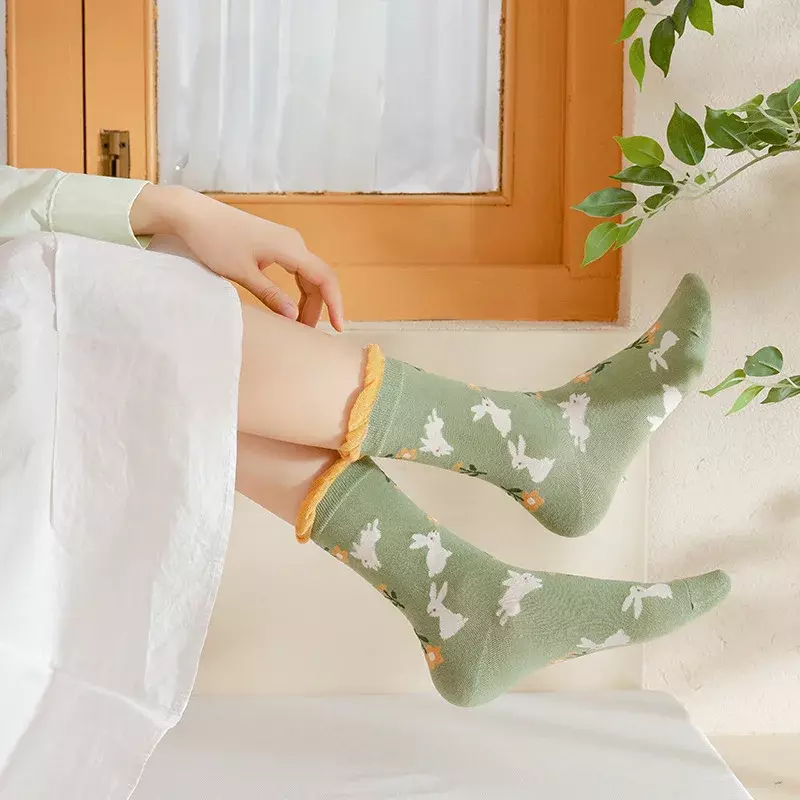 Baru kaus kaki wanita hijau Jepang gadis manis renda kaus kaki berenda kartun Harajuku kaus kaki kru Wanita Mode Korea bordir bunga