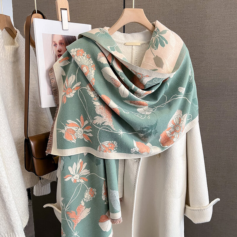 Толстый кашемировый хиджаб с цветочным принтом, пончо, женский роскошный шарф, теплое дорожное одеяло из пашмины, шаль, палантин, дизайн 2023