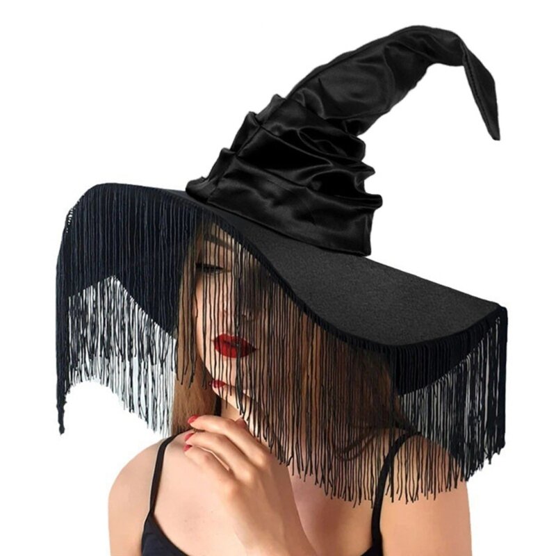 Topi Penyihir Pesta Halloween untuk Wanita Topi Penyihir Hitam Bertepi Lebar Topi Kostum Cos-play Fashion Topi Festival Musik