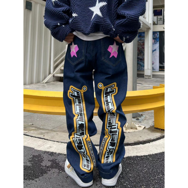 2023 męski nadruk gwiazdy y2k jeansy retro amerykański hip-hop wysokiej talii luźny warstwowy prosty zamek błyskawiczny moda dżinsy trend