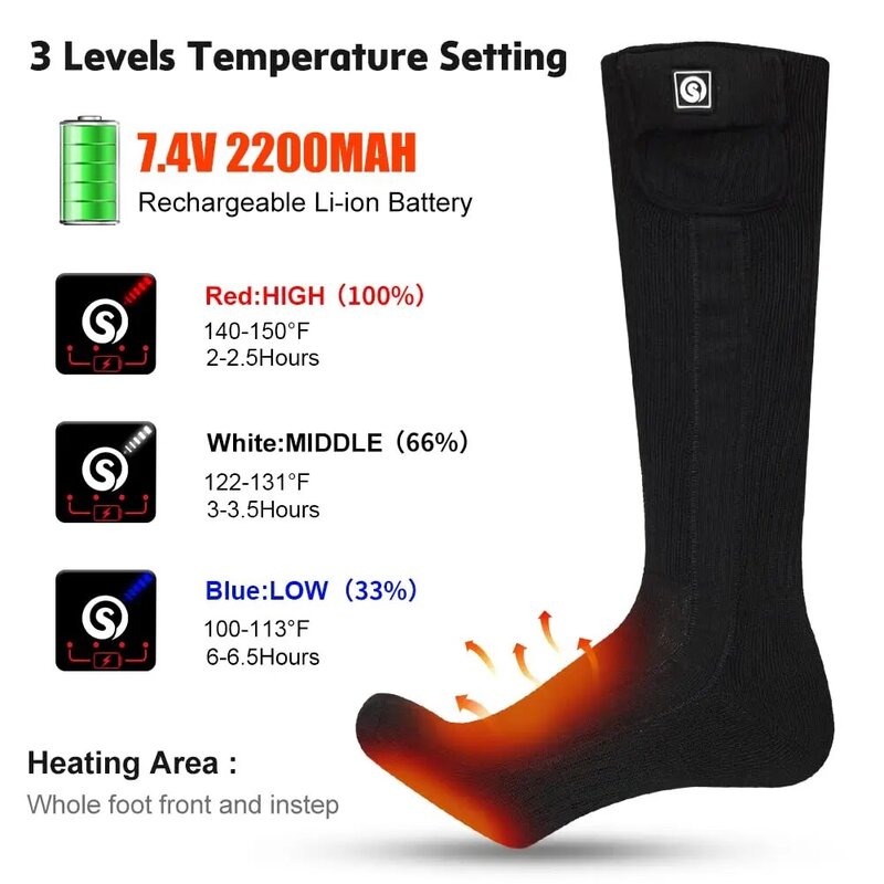 Calze invernali calde con batteria ricaricabile elettrica 7.4V 2200mah, calze riscaldanti termiche per climi freddi scaldapiedi per lo sci da caccia