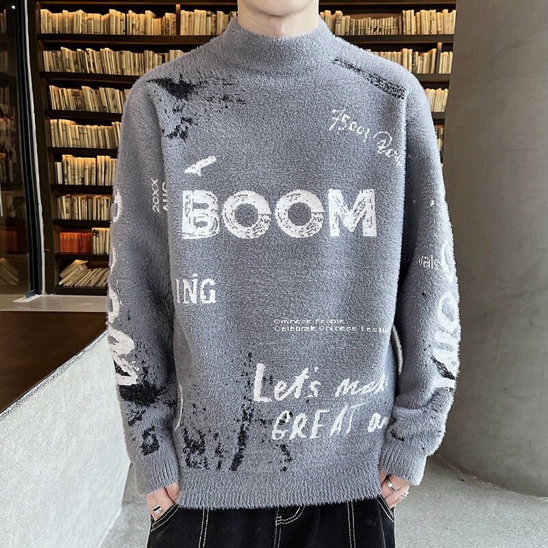 남성 하프 터틀넥 패션 핸섬 니트 스웨터, 편안한 프린트 캐주얼 슬림 탑 17 가지 색상, 2022 년 겨울 신제품