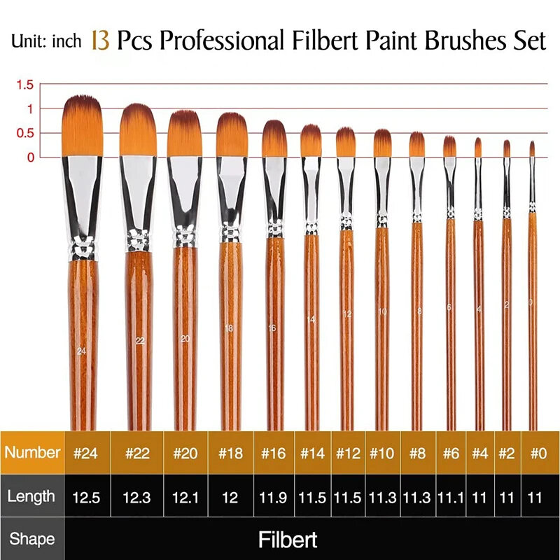 Artist Filbert набор кистей для рисования 13pcs Мягкая нейлоновая деревянная длинная ручка для искусственной гуаши