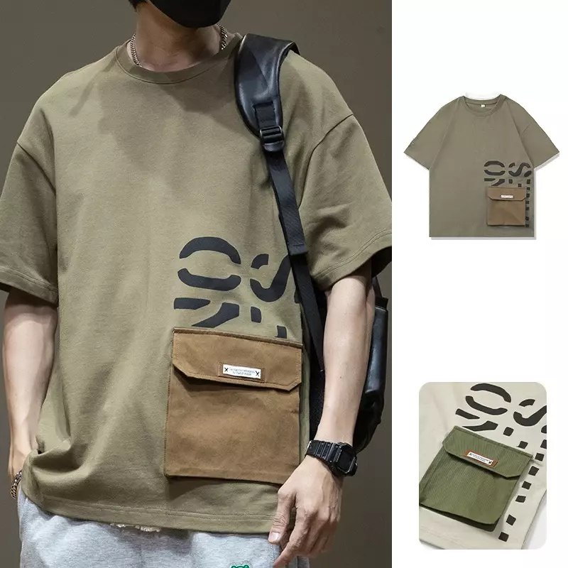 Summer Men's Short Sleeve Letter Printed T-shirt With Cargo Pocket Casual Cotton O-Neck Tops Y2K Streetwear Oversized Tee Shirts
