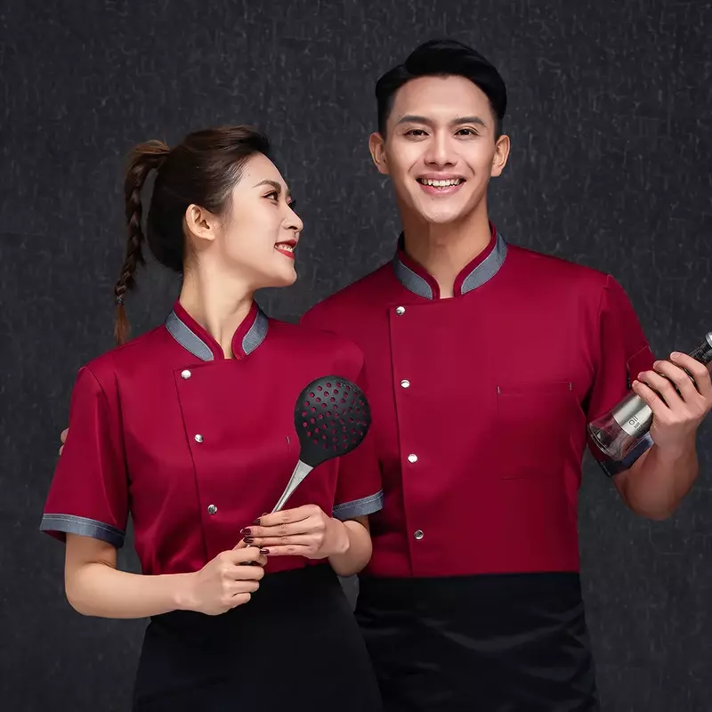 Unisex respirável cozinha uniforme, camisa de manga curta, padaria jaqueta, pão roupas, breasted chef, cozinheiro, hotel, restauração, preto, branco