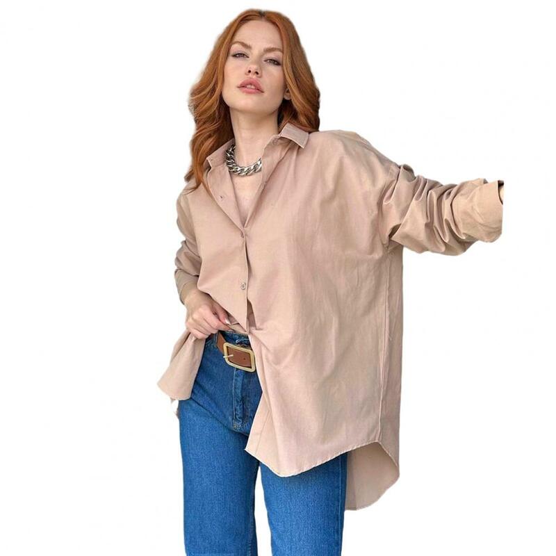 Camisa con abertura en la espalda para mujer, blusa holgada de manga larga con solapa de un solo pecho, Color sólido, suave e informal con dobladillo Irregular