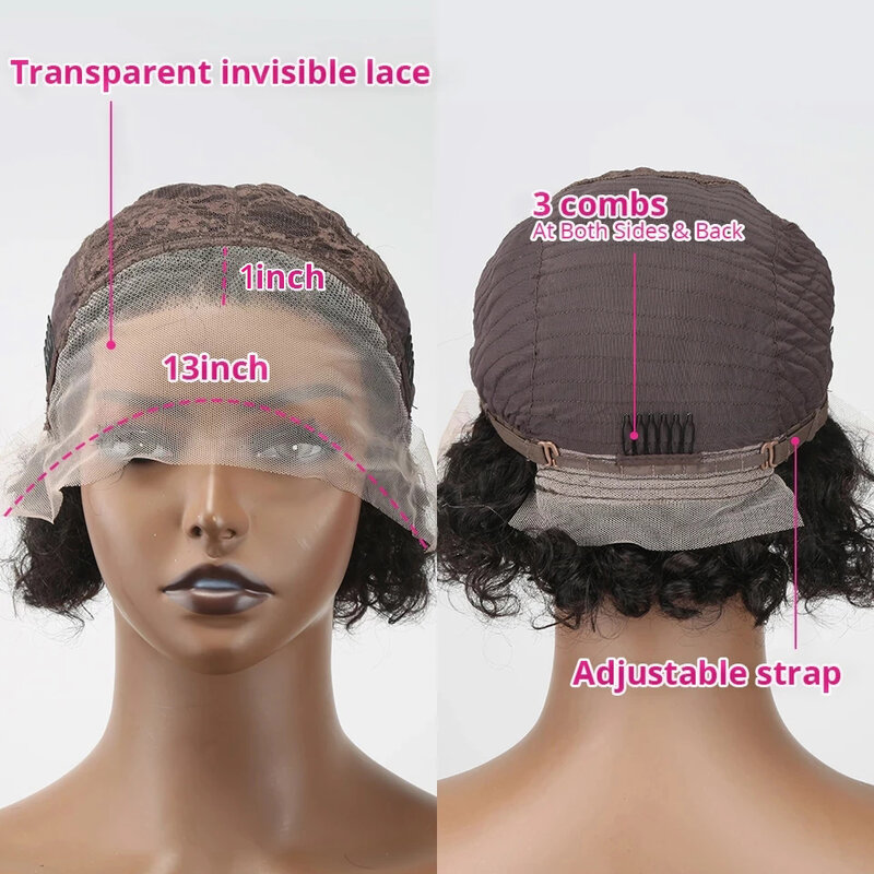 Peluca de cabello humano rizado corto para mujer, postizo de encaje Frontal transparente, Borgoña 99J corte Pixie, 13x1, 1B/27