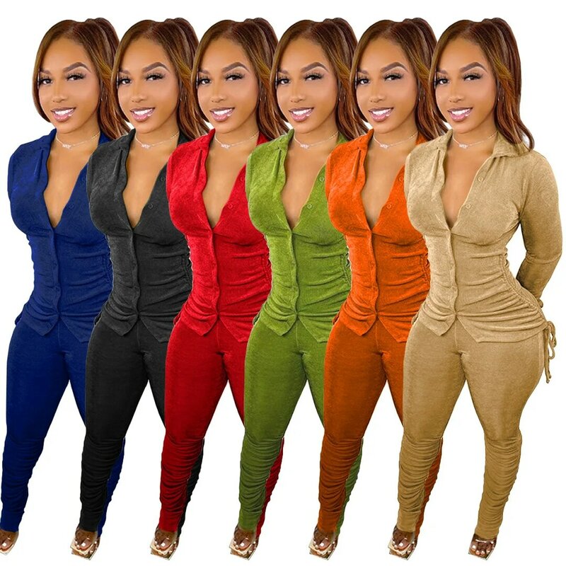 Casual Women dres dwuczęściowy zestaw plisowana dolna koszula i długie spodnie Solid Color Streetwear pasujący zestaw ubrań dla kobiet