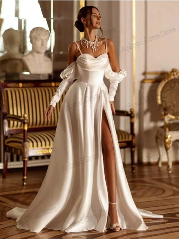 Luxury Wedding Dresses Royal Bridal Gowns Half Sleeves Satin A-Line Robe High Slit Ball Gowns For Formal Party Vestidos De Novia