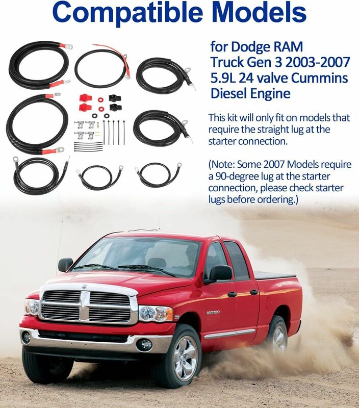 Kit cavi batteria MX adatto per Dodge RAM Truck Gen 3 2003-2007 5.9L 24 Valve Cummins Diesel Straight Starter Lug
