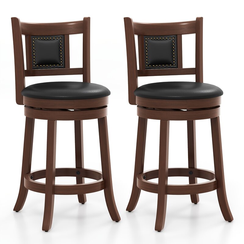 2pcs/set Swivel Counter Height Bar Stools 25.5, Vintage Elegance, Faux Leather Comfy Curved Backrest, Classic Wooden Kitchen  Po