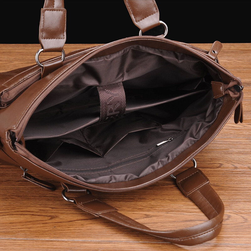 Vintage Men's Zipper Briefcase Business PU Leather Executive Handbag Large Capacity Shoulder Messenger Bag Male Laptop