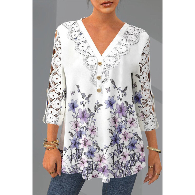 Plus Size Lace Patchwork Floral Print 3/4 Sleeve Blouse