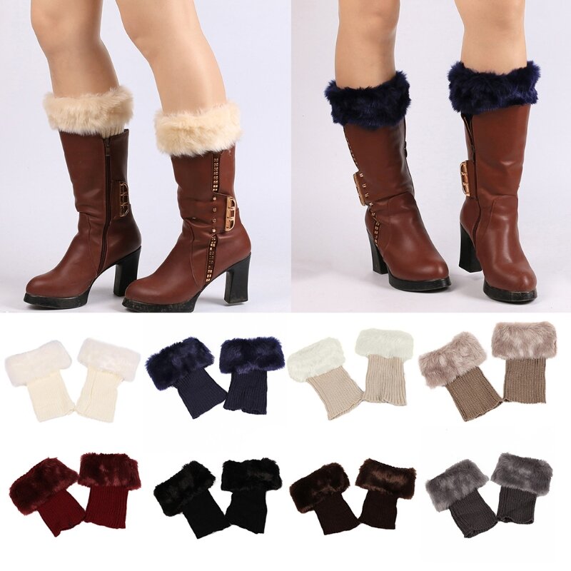 Women Girls Winter Warm Crochet Knit Boot Cuffs  Thicken Furry Plush Solid Color Stretchy Short Leg Warmers Socks