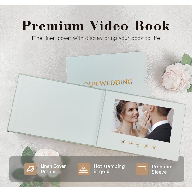 Álbum de folleto de video de boda personalizado, lámina de oro, pantalla IPS, encuadernado de lino, 7 pulgadas, para aniversar