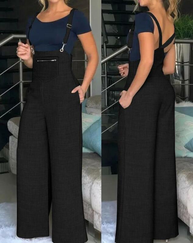 Macacão de sling de perna larga feminino, calça com alças, cor sólida, terno simples, design versátil de bolso, primavera, verão, 2022