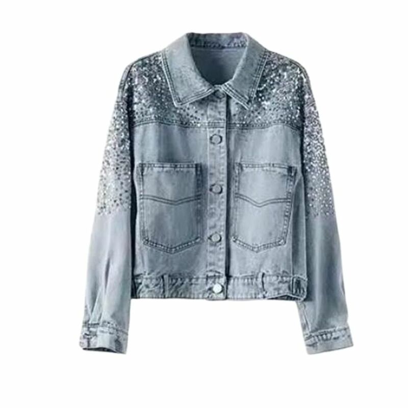 Women's Sequin Pocket Denim Jacket Long Sleeve Coat Casual Outerwear Spring Tops Autumn Fashion New