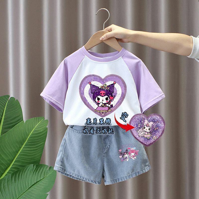 2024 My Melody Sequin Color Change Short Sleeve Sanrio Kawaii Anime Clothes Love Heart Summer Sweet Cute Girls Casual Tops Gifts