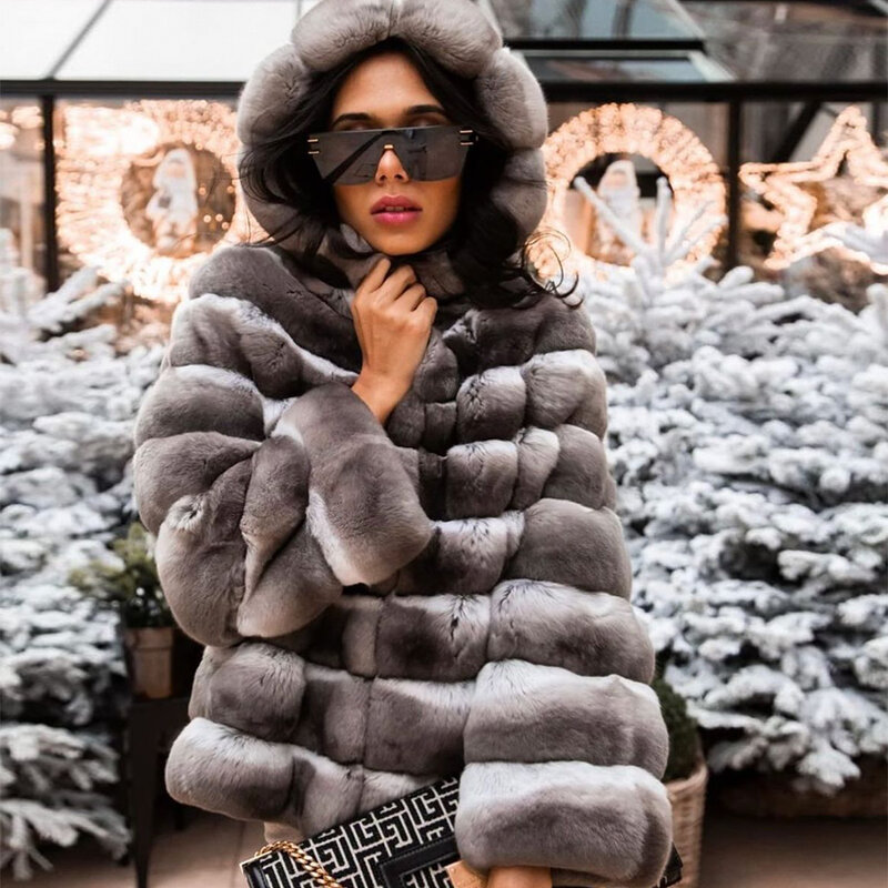 Cincillà vero cappotto giacca di pelliccia invernale da donna vera pelliccia di coniglio Rex con cappuccio cappotto corto da donna di marche di lusso