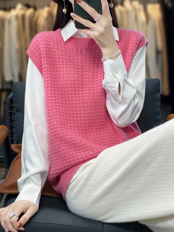 New Fashion Spring Summer Vest 100% Merino Wool Womens O-neck Sleeveless Pullover 2024 Female Clothing Grace Knitwear Vest