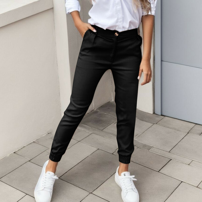 Однотонные облегающие модные повседневные укороченные брюки с высокой талией и карманами для женщин, простые повседневные женские длинные брюки