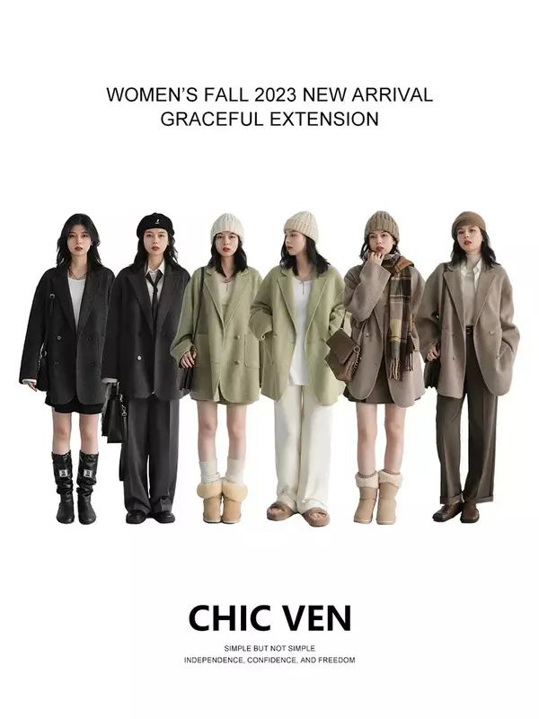 CHIC VEN Women's Woolen Coats Loose Casual Double Breasted Retro Double-sided Jacket Office Lady Outerwear Autumn Winter 2023