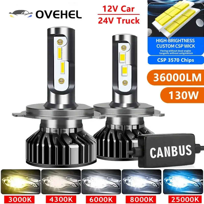 Farol de carro luzes LED para carro, farol automático, CSP, 36000LM, 130W, H4, H7, Canbus, H1, H3, H8, H11, 9005, 9006, 9007, 880, 8000K, 6000K