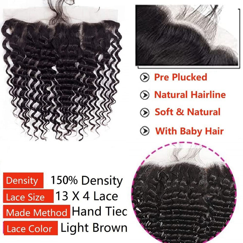 Perruque Lace Closure Wig 100% brésilienne naturelle Remy-Deep Wave, cheveux vierges, 13x4, avec baby hair, 3 lots