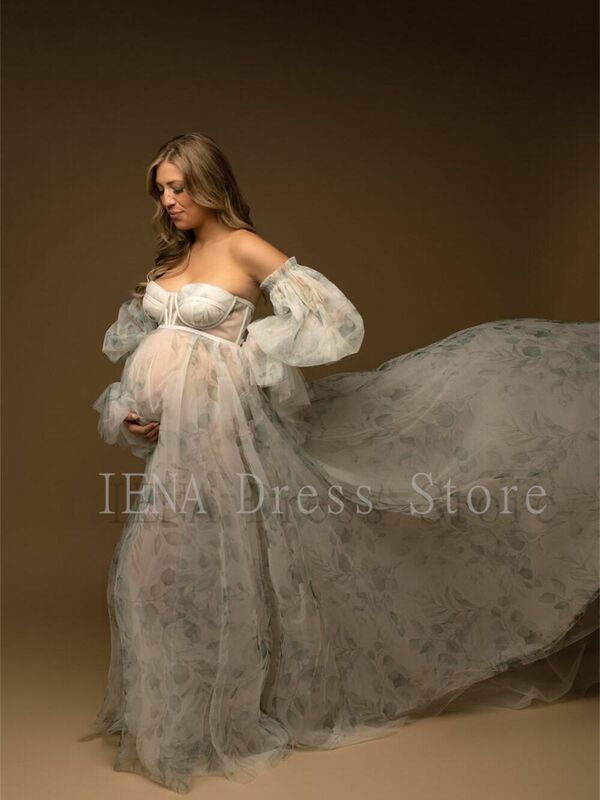14509 # gaun bersalin cetak bunga, untuk fotografi gaun hamil dengan lengan yang dapat dilepas gaun pemotretan wanita hamil