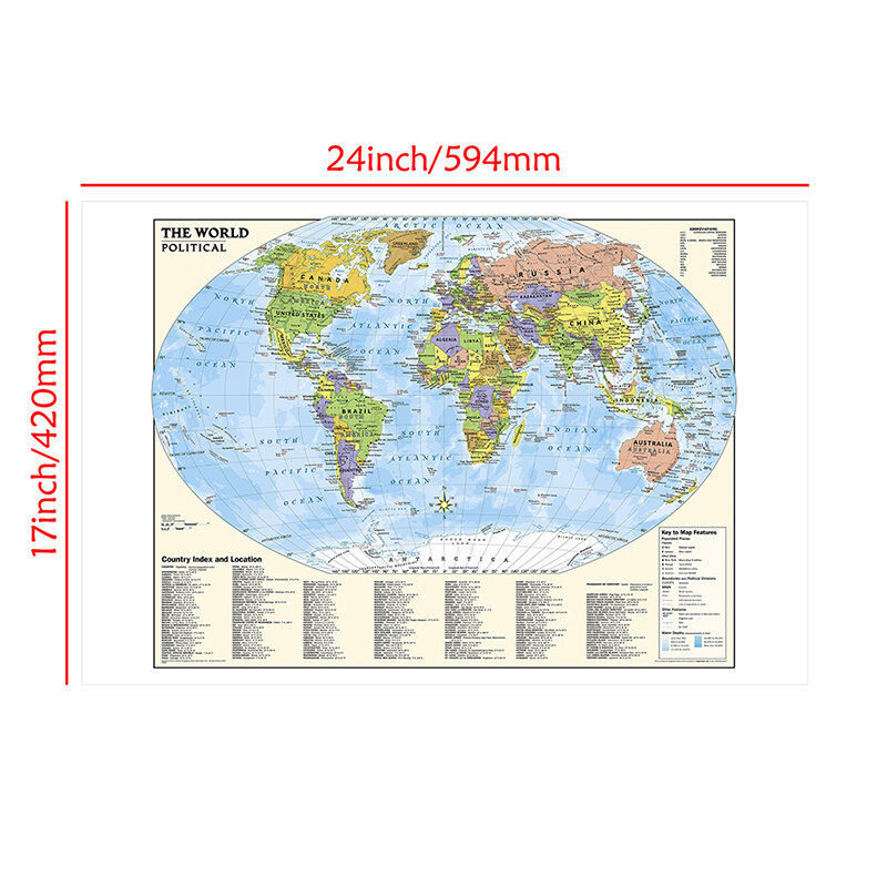 La carte du monde en anglais sans sensation de pays, toile, édition classique, affiches et impressions du monde, fournitures de voyage, 59x42cm