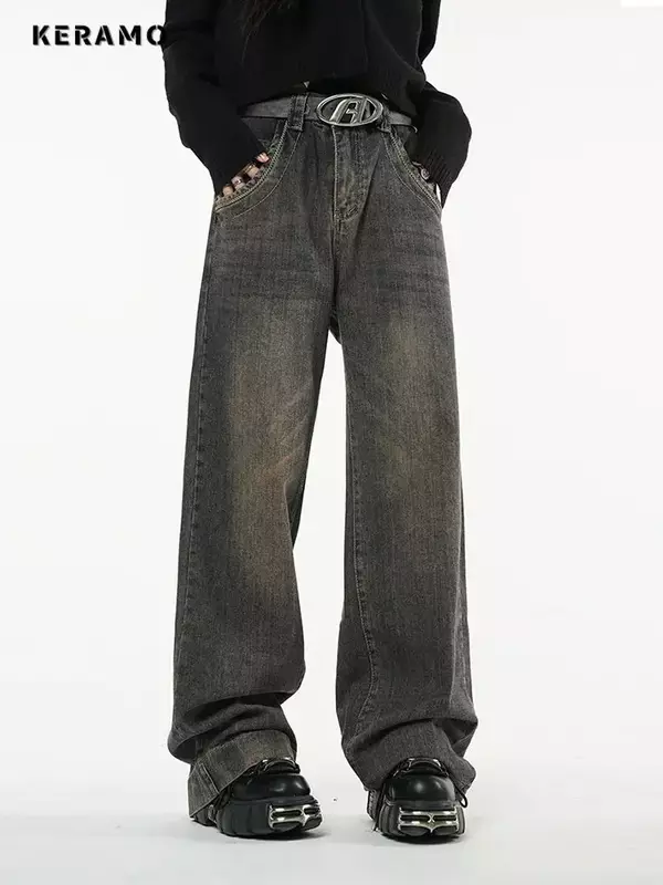 Женские джинсы-багги в стиле хип-хоп, с завышенной талией