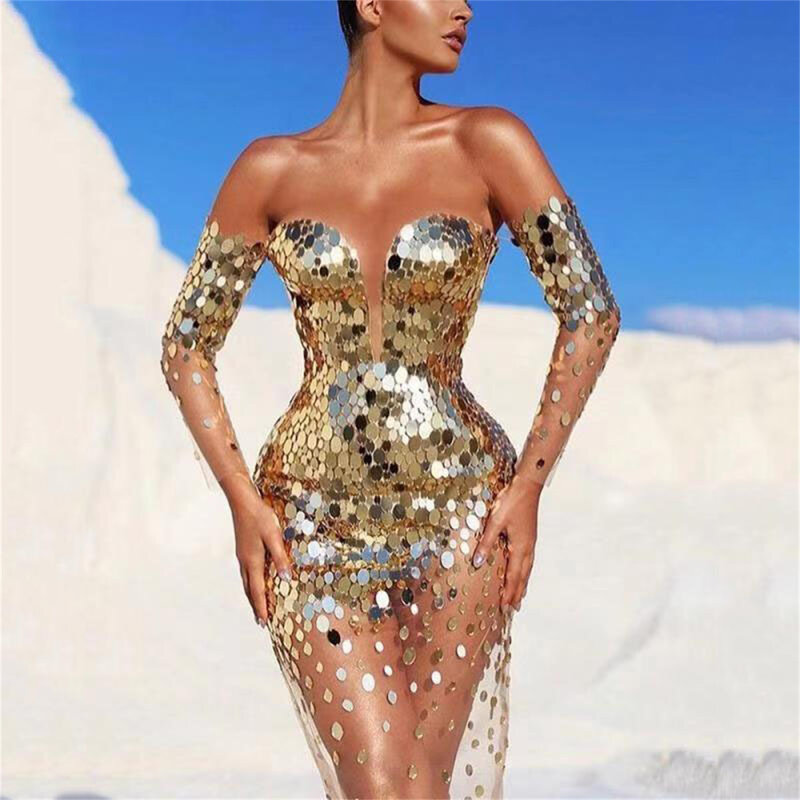 سباركلي Vestidos الملابس رداء التنانير النسائية فستان الترتر واحد الكتف مثير شبكة شرابة الذهب فساتين سهرة طويلة جديد
