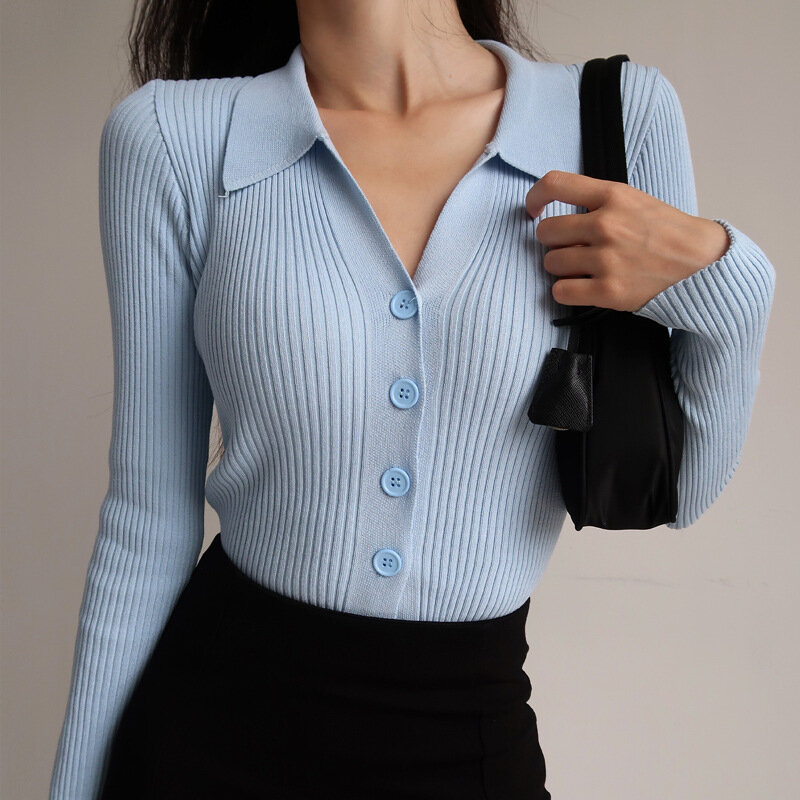 Women 2023 New Lapel Slim Slimming Tops Ladies Hollow Buttons Sexy V Neck Long Sleeve POLO Neck Knit Cardigan Sweater Women