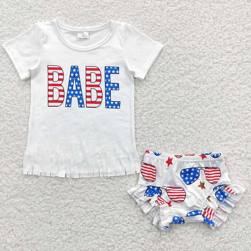 Großhandel July 4. Baby Set Kurzarm Shirt Shorts Kleinkind Bummies Kinder Sommer zwei Stück Neugeborene Sterne Outfit