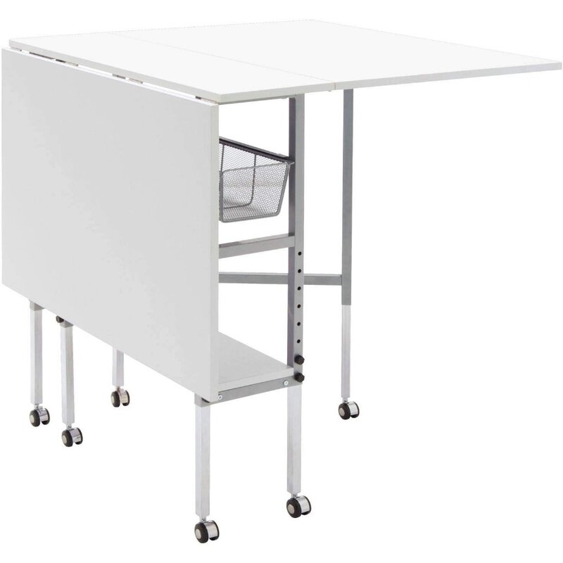 Mesa de arte y corte de 58,75 "W x 36,5" D, mesa blanca para manualidades con 2 cajones de almacenamiento de malla, plateada/blanca