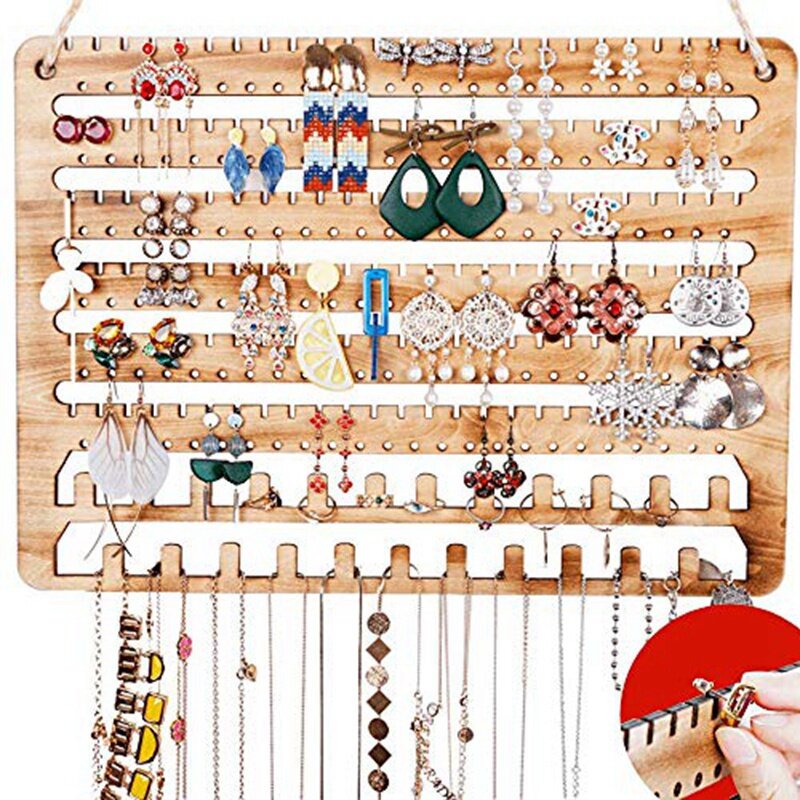 Organizador de joyas de madera montado en la pared, soporte para pendientes, collar y pulsera, 1 Juego
