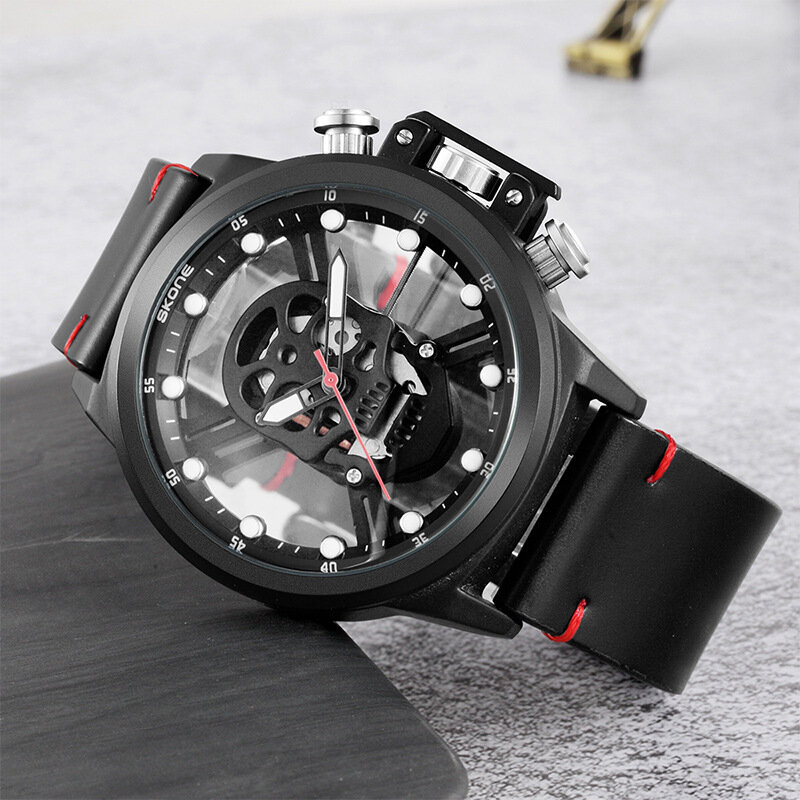 Jam tangan pria desain tengkorak unik jam tangan olahraga bercahaya jam tangan mewah Dial besar Quartz Steampunk jam tangan pria Montre Homme