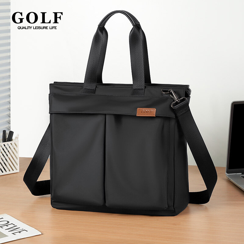 Maleta masculina de golfe, bolsa de escritório de grande capacidade, bolsa de couro com alça, bolsa de ombro de 15 polegadas laptop preto