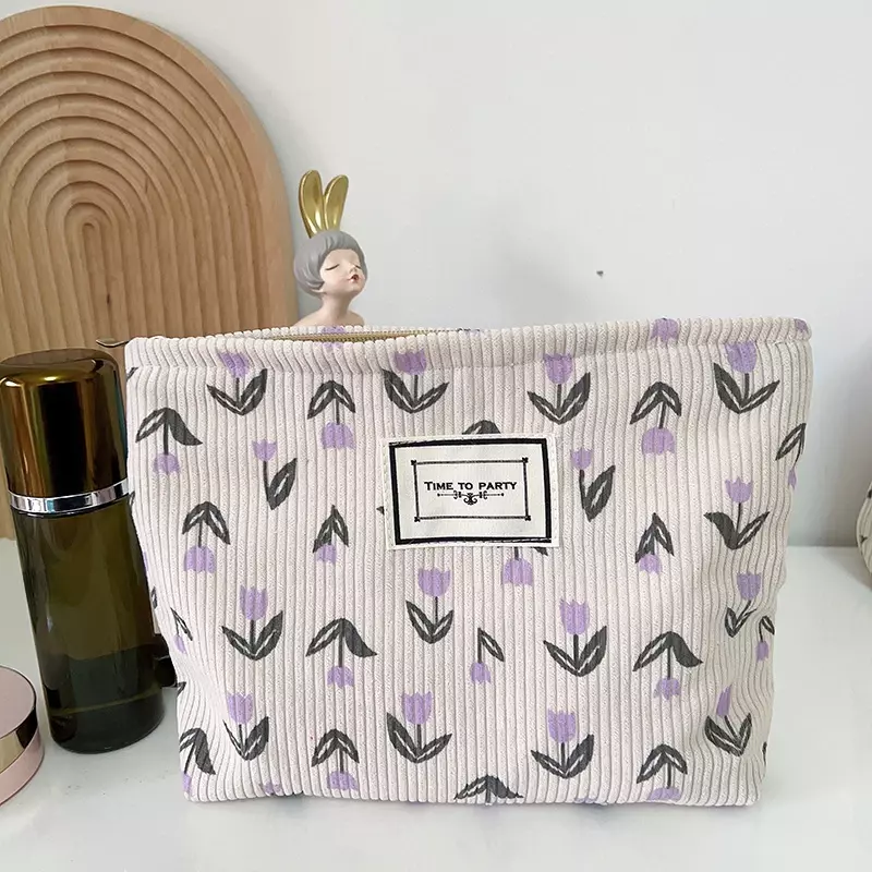 2024 New Fresh Flower Handbag Cosmetic Bag Corduroy Makeup Bag for Women's Portable Travel Storage Bag Zipper Wash Pouch