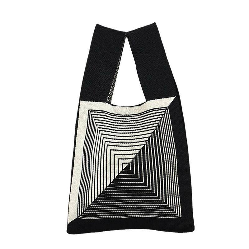 Bolsa de malha artesanal para mulheres, bolsa de pulso mini nó sacola xadrez feminina coreana casual colorida, sacolas de compras reutilizáveis, moda